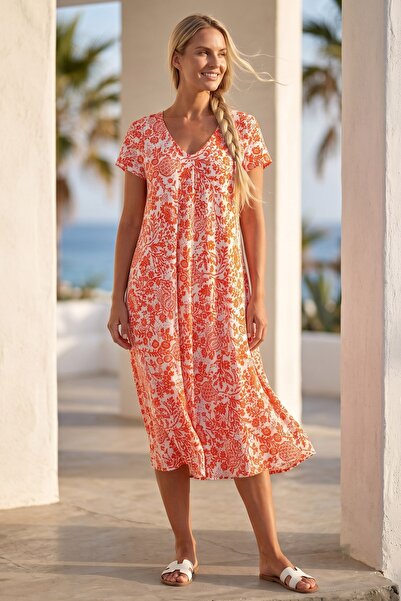 Chiccy Orange-White V-Neck Low Sleeve Casual Viscose Woven Dress 120 63