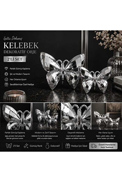 EVİNİZİNRİTMİ Lüks 2'li Set Kelebek Dekoratif Obje - Parlak Gold - Gümüş Kapl...