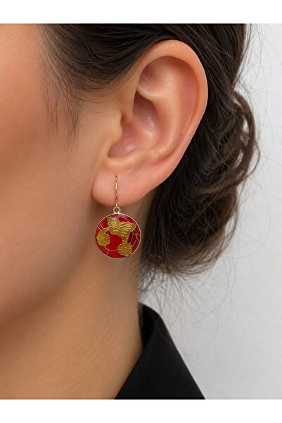 MARE BUTİK Red Enamel Butterfly and Flower Detailed Gold Earrings