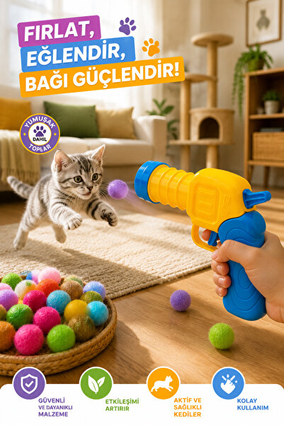 SYN AKSESUAR Kedi Oyuncak Top Fırlatma Tabancası – İnteraktif Oyun Seti, Yumu...