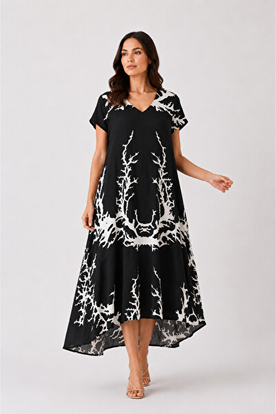 Sibel Günay Butik Picasso Patterned 120 cm Cotton Viscose V-Neck Cut Dress | ...