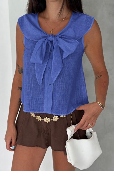 Noi Belis Bow Collar Linen Look Woven Blouse Ss26Bz0200