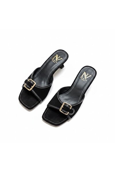 NE&VE SHOES Crne ženske papuče sa visokom petom i kopčom od antilop kože