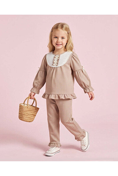 REDTAG Girls Beige Schiffli Yoke Top And Pants Set