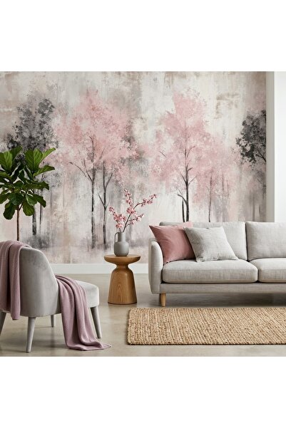 DecorDrive Pembe Bahar Ağaçları ve Dağ Manzaralı Sulu Boya Duvar Kağıdı