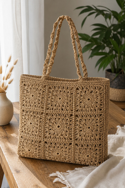 EastWest Trading Handmade Paper Rope Straw Weave Large Size Women's Shoulder Bag Bohemian Beach and Daily Use Beige