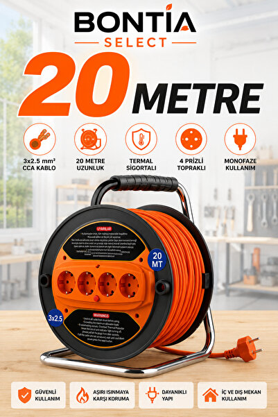 Bontia Makaralı Uzatma Kablosu 50 Metre 3x2.5 mm² CCA Termal Sigortalı 4 Priz...