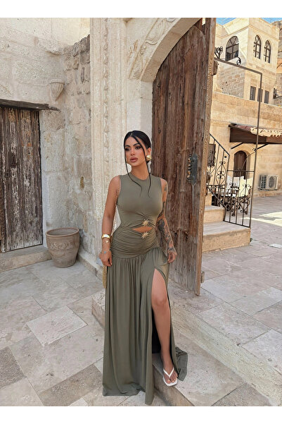 kırmızı butiks Haki Çift Aksesuarlı Resort Elbise