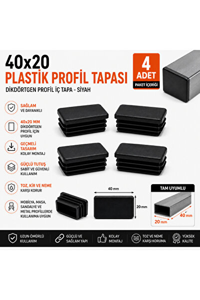 Home 40x20 Plastik Profil Tapası 4 Adet Dikdörtgen Profil İç Tapa Geçmeli Pro...