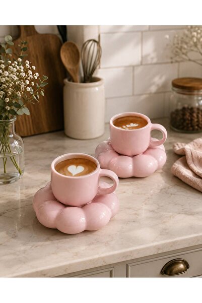 dnshome 2 Pieces Handmade Ceramic Pink Daisy Model Handmade Turkish Coffee Cu...