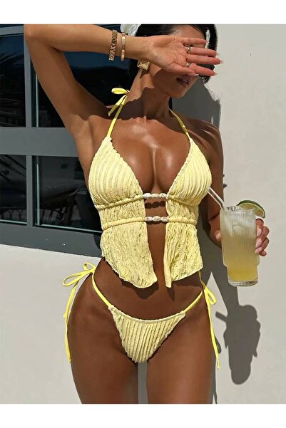 Girlsavm BONCUK DETAYLI DOKULU SARI BİKİNİ TAKIMI