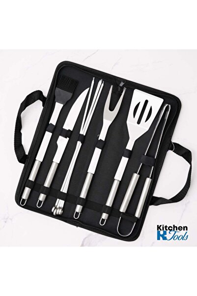 NO NAME Set ustensile pentru gratar, 9 piese, inox, husa transport