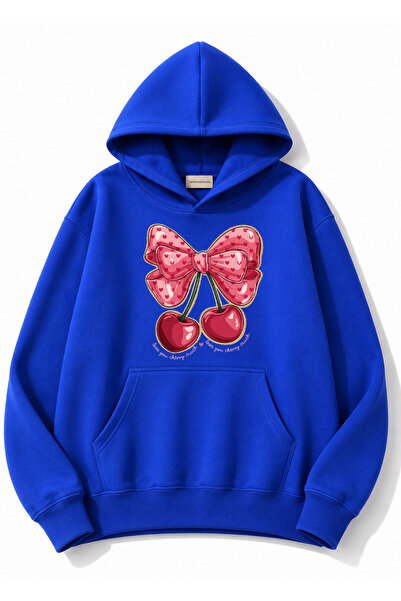 herkesemoda Ribbon Cherry Printed Hooded 2 Thread Threaded Sweatshirt