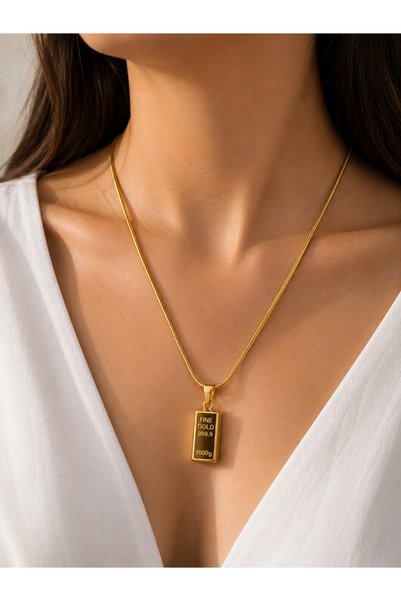 Bymiel Gold Külçe Altın Görünümlü Paslanmaz Çelik Kolye – Yılan Zincir