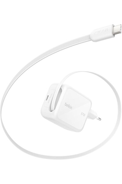 Belkin UltraCharge 67 W GaN Şarj Aleti, 0,8 m Geri Çekilebilir USB-C Kablo il...