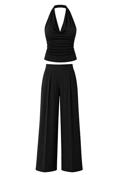 DI LORIA Women's Black Degaje Collar Blouse & High Waist Palazzo Pants Bottom...