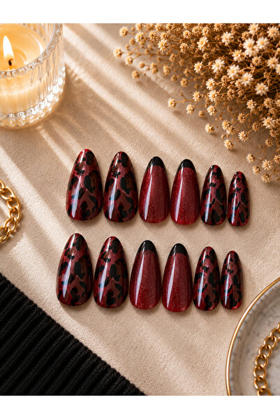 Leopar Desenli Nude French Press-On Nails – Siyah French Uçlu Takma Tırnak