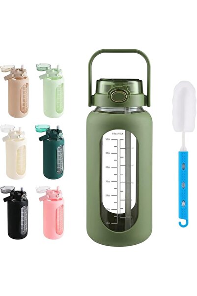 GENERAL PSKIES 64oz Glass Water Bottle with Straw and Handle Lid Half Gallon ...