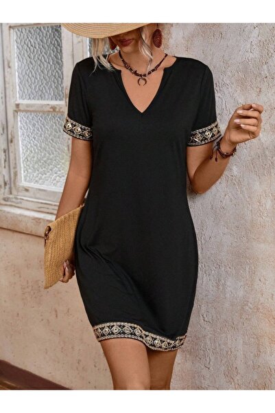UFC 1985 TOP BRAND Women's Short Sleeve V-Neck Mini Crepe Dress