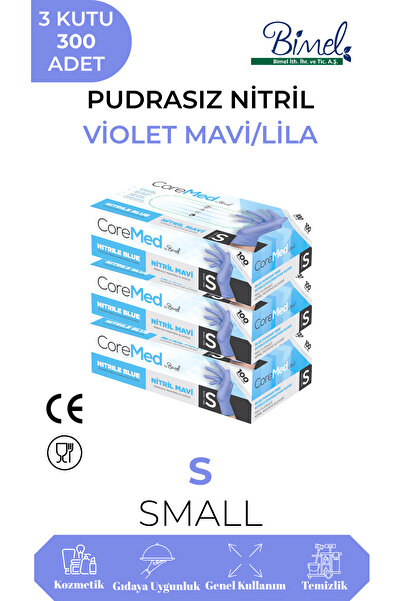 COREMED قفازات فحص النتريل ليلك مقاس S - 3 عبوات تحتوي على 100 قطعة