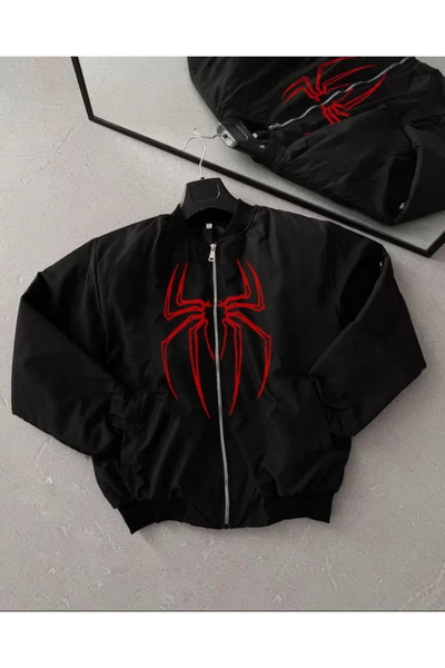 Veraura Lifestyle Unisex long sleeve spider print bomber jacket - black