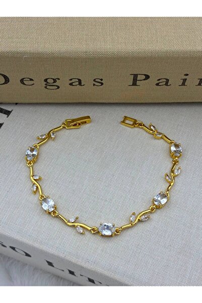 Hedef Bijuteri Gold Color Silver Zircon Stone Leaf Detailed Ivy Bracelet Cm137