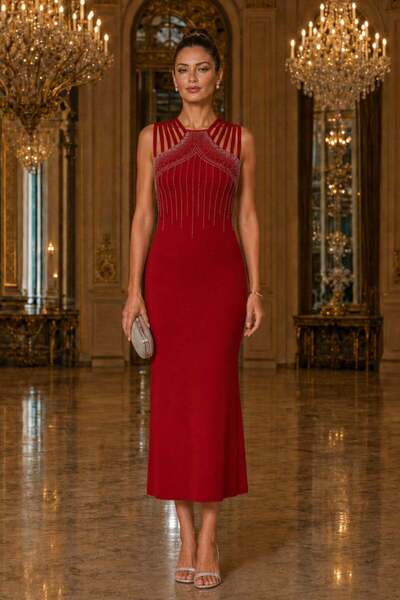 Mossta Sleeveless Stone Stripe Detailed Midi Crepe Dress - Red
