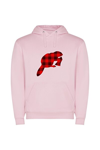 iLovePrints Plaid Lumberjack Beaver Φούτερ με κουκούλα σε χρώμα Ροζ