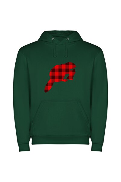 iLovePrints Plaid Lumberjack Beaver Φούτερ με κουκούλα σε χρώμα Πράσινο