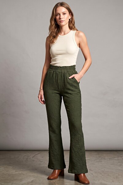 hadiora Women's Khaki Bubble Fabric Elastic Waist Flared Trousers