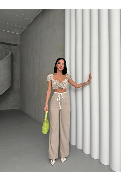 Lizay Dress Kadın Yüksek Bel Bağçıklı Bol Paça Garnili Pantolon