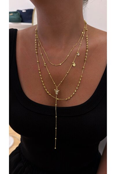 Glowisters Jewelry Kadın Üçlü Kombin Kolye - Çelik Üzeri 14K Altın Kaplama Ço...