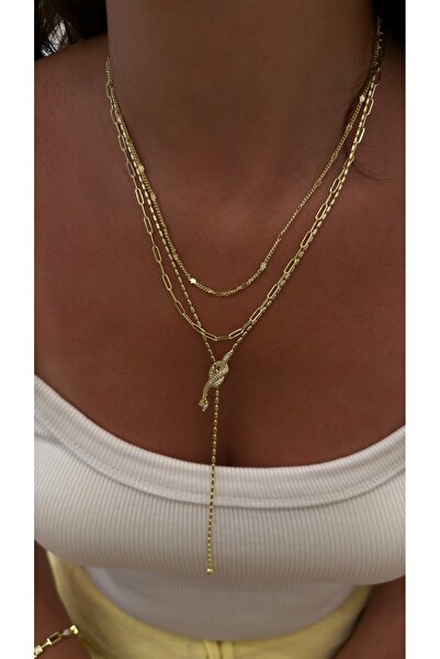 Glowisters Jewelry Kadın Üçlü Kombin Kolye - Çelik Üzeri 14K Altın Kaplama Ço...