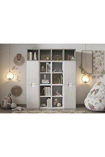 Vivense ZARA OLUKLU KAPAKLI ÇOCUK ODASI KİTAPLIĞI BEYAZ YEŞİL RAFLI OYUNCAK D...