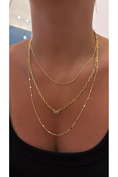 Glowisters Jewelry Kadın Çoklu Katmanlı Kombin Kolye - Çelik Üzeri 14K Altın ...