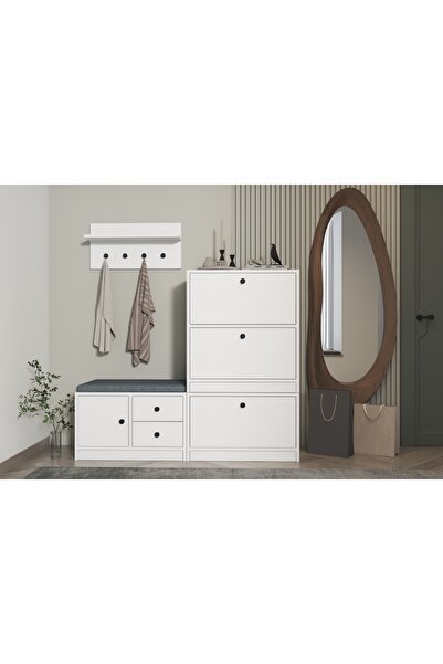 Vivense LUNA PUFLU RAFLI ASKILIKLI ÇEKMECELİ BEYAZ VESTİYER ÇITASIZ 130 CM VS...