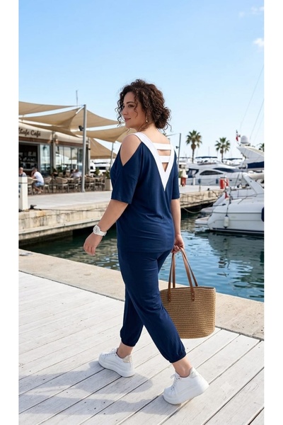 sinemisxxl Back Detailed, Elastic Cuffs, Lycra Viscose, Navy Blue Top and Bot...