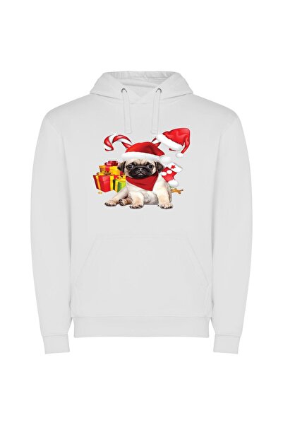 iLovePrints Festive Pug Fashion Φούτερ με κουκούλα σε χρώμα Λευκό