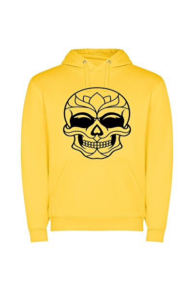 iLovePrints Symmetrical Floral Skull Φούτερ με κουκούλα σε χρώμα Κίτρινο