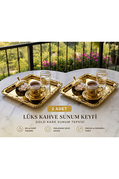 SUNVERA ÇELİK 2'li 22 cm Gold Kare Kahve Sunum Tepsisi – Kendinden Desenli Pa...