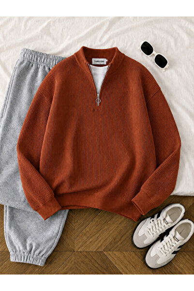 threeoff Men's Thessaloniki Knitted Half-Zip Knitwear Sweater High Collar Win...