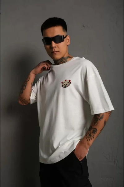 Wear Up Unisex T-Shirt Oversize με Μπισκότο Λαιμόκοψη και Μοτίβο - Λευκό
