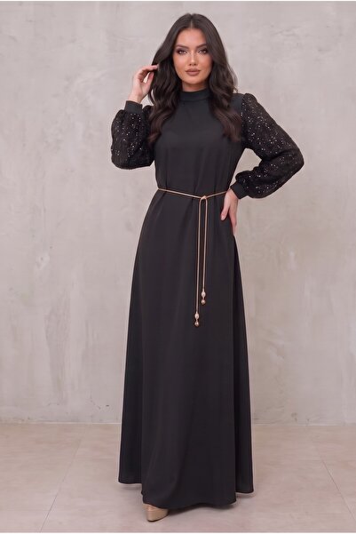 MD MODA DEMİRKAYA فستان سهرة من الساتان مزين بالترتر على شكل لوحة فنية، مريح ...
