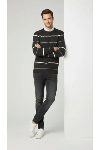 UFC 1985 TOP BRAND Men's Crew Neck Striped Knitwear Sweater Soft Textured Cot...