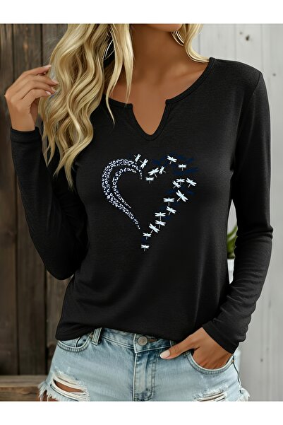 mercoledi Heart Printed Cotton V-Neck Long Sleeve Blouse
