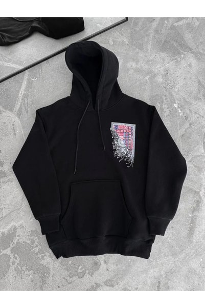 Modazun Long Sleeve Hooded Sweatshirt with Front and Back Print - Black