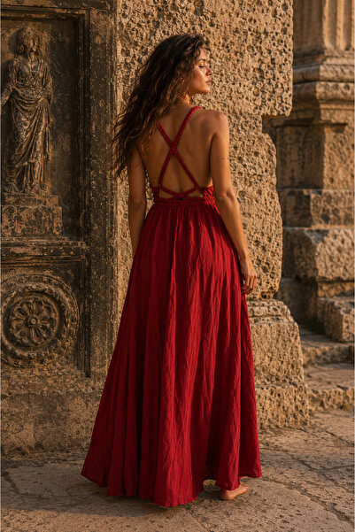 Tfifty Bohemian Helen Model Dress with Straps, Mesh Strings, and Slits.