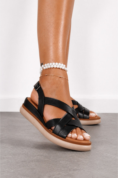 UYEGE Bükreş Seri Genuine Leather Women's Sandals Black Orthopedic Sole Cross...