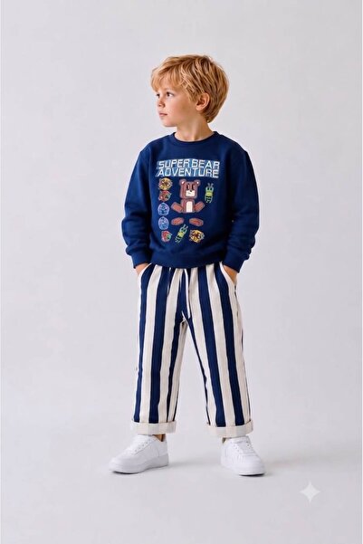 YİGİT BUTİK Erkek Çocuk Super Bear Adventure Baskılı Sweatshirt Çizgili Panto...