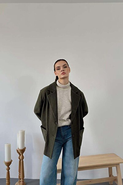 Moda Days Women's Khaki Striped Oversize Blazer Jacket Lapel Collar Buttoned ...